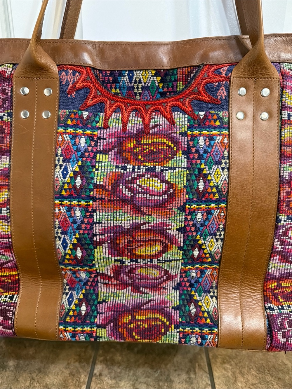 Handmade Guatemalan Fabric And Leather Tote Shoulder Nena Huipil - Picture 3 of 12